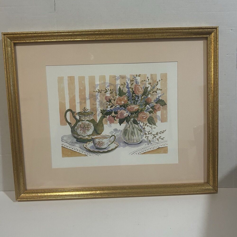 Framed Floral Still Life Print by L. Winterse Olson Teapot and Roses - Gold Tone